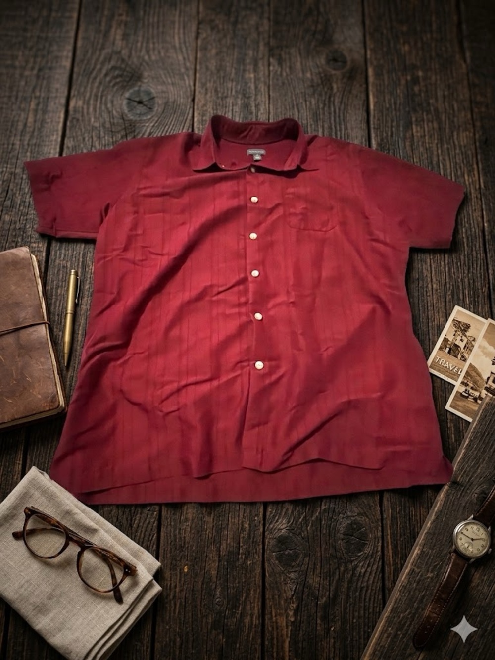 Van Heusen Men's Short-Sleeve Button-Down Shirt in Deep Wine
